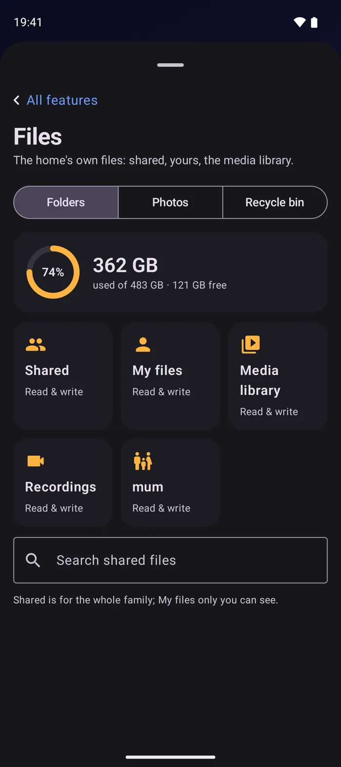 Files on Android: storage used, Shared, My files, Media library and Recordings