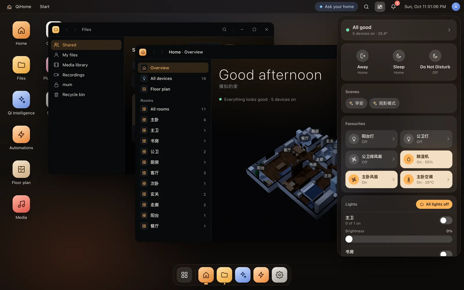 Control Centre: away, sleep and do-not-disturb, scenes, favourite devices and every room's lights