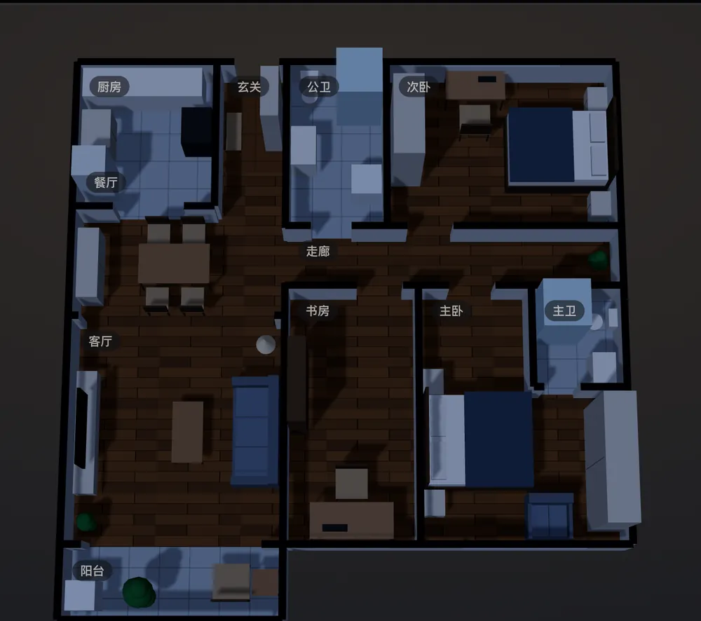 The floor plan on the web: a standard three-bedroom flat seen from above, with furniture