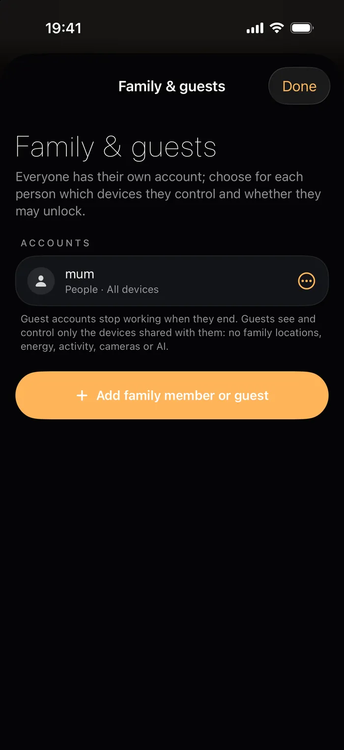 Family & guests on iPhone: everyone has their own account; which devices they control and whether they can unlock are set per person