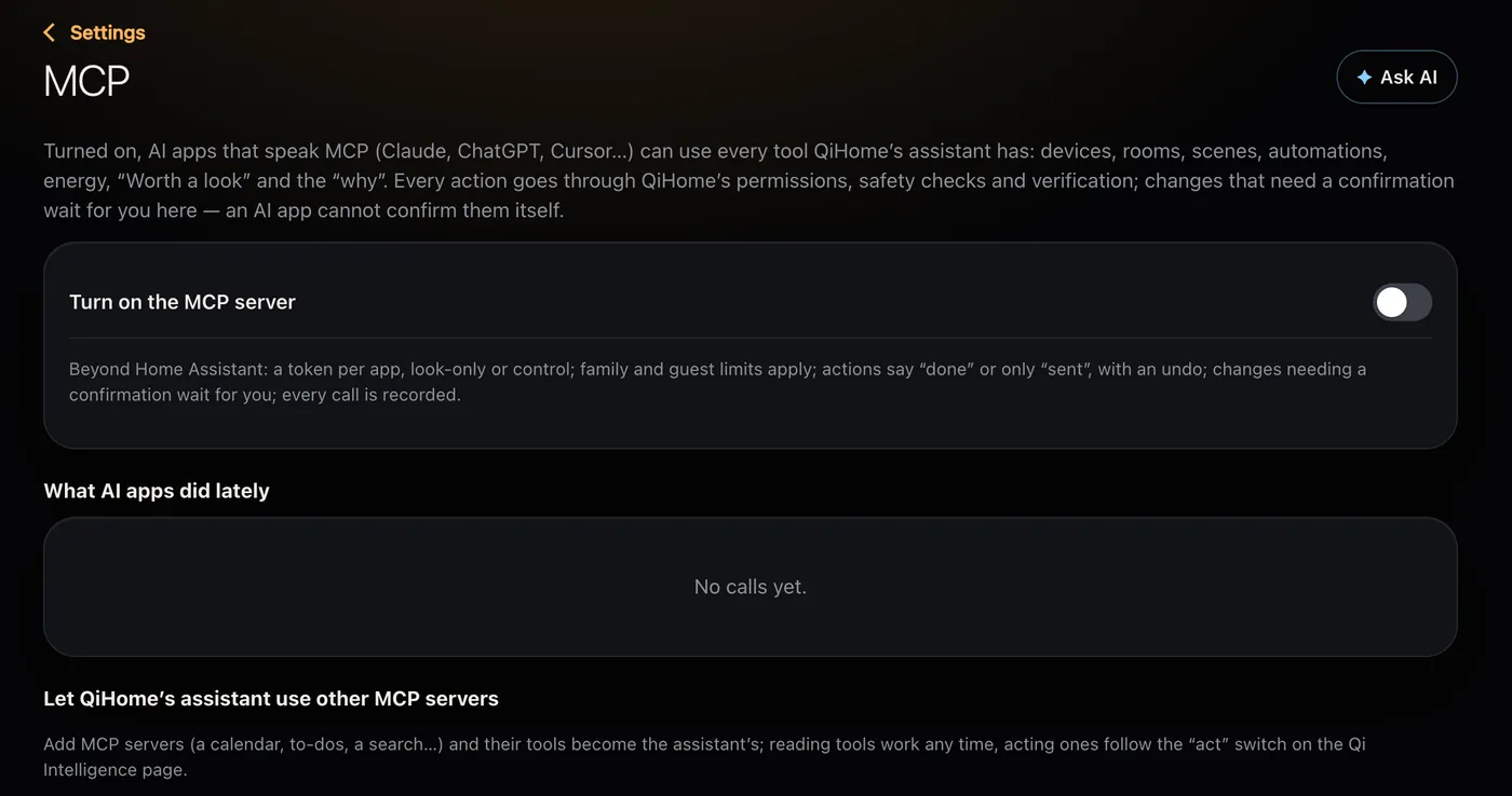 The MCP page in Settings: turn on the MCP server, what AI apps did recently, and other MCP servers for Qi Intelligence
