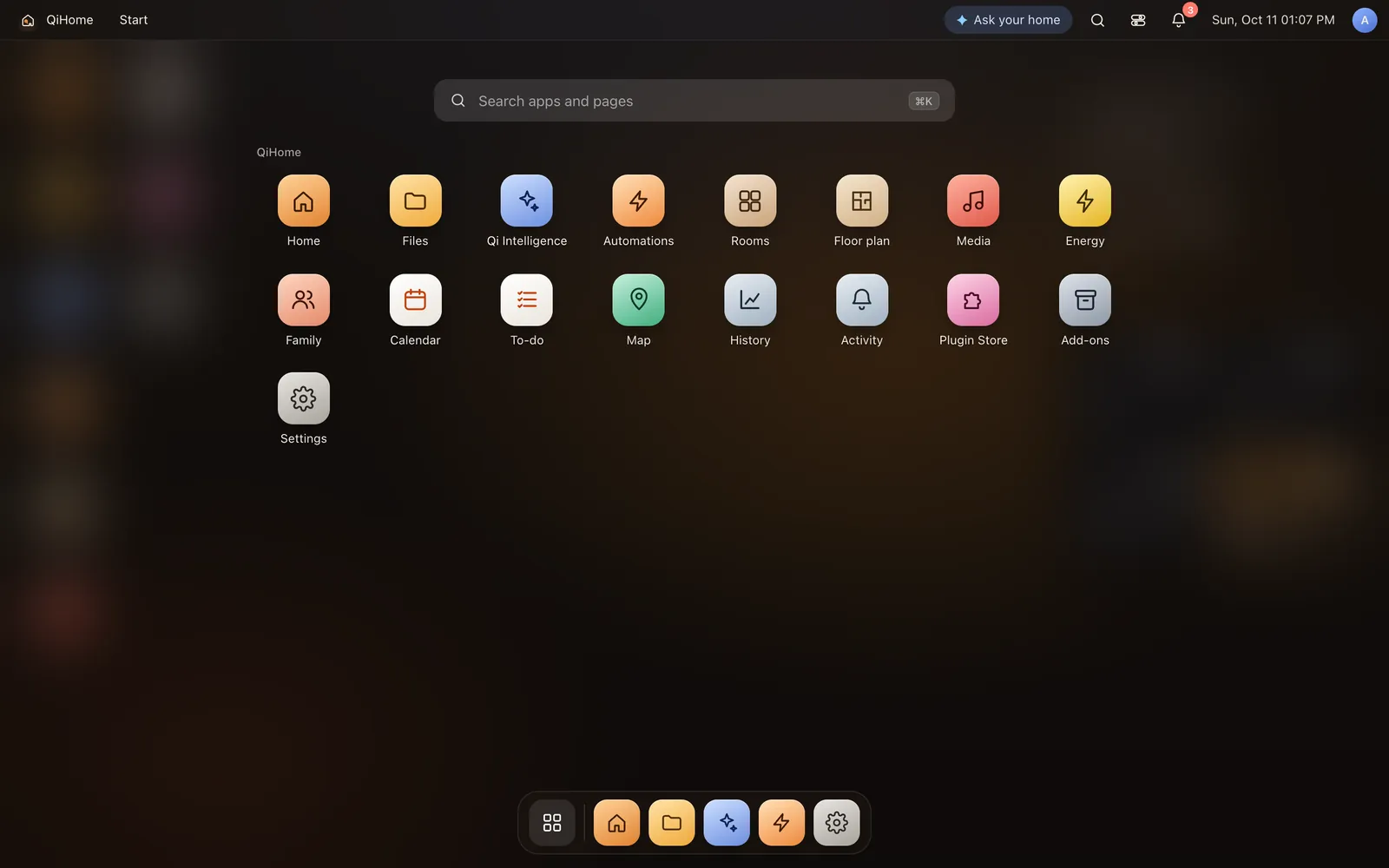 Start: a search box over every app