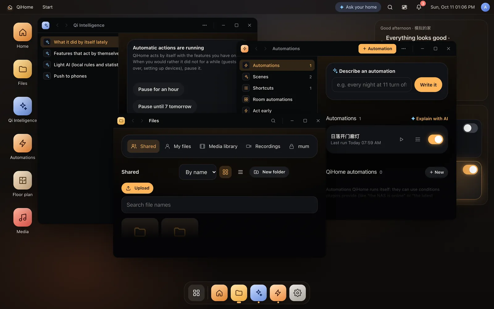 Three windows open at once: Qi Intelligence, Automations and Files